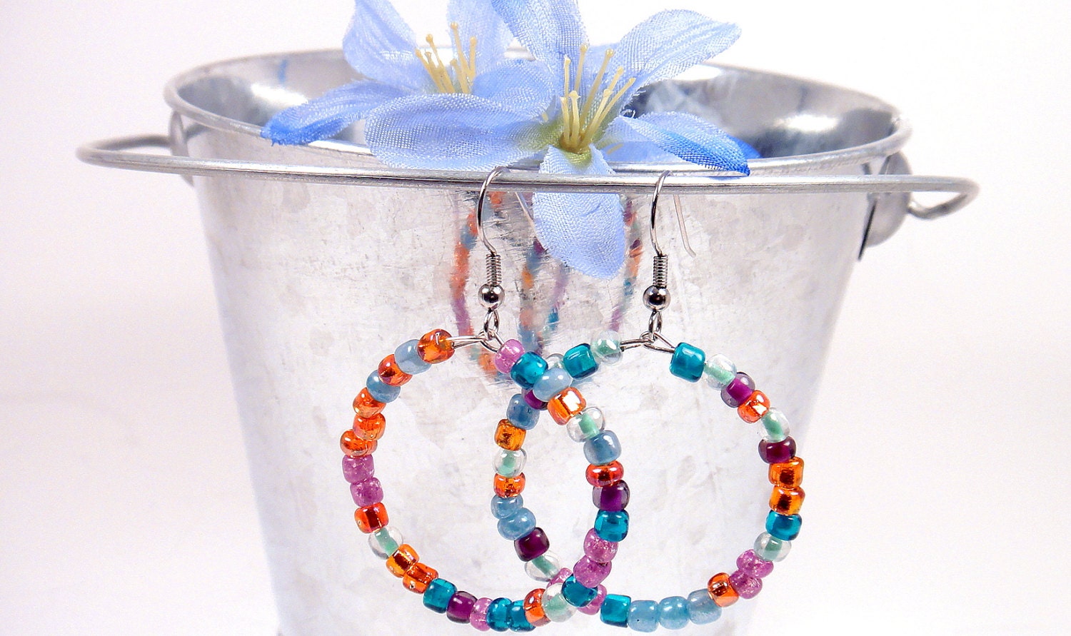 Teal Orange Dangles, Small Bead Hoops, Teal Purple Hoops