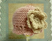 Handmade Newborn Girl Cloche Hat with Flower Pink Beanie vintage Rose