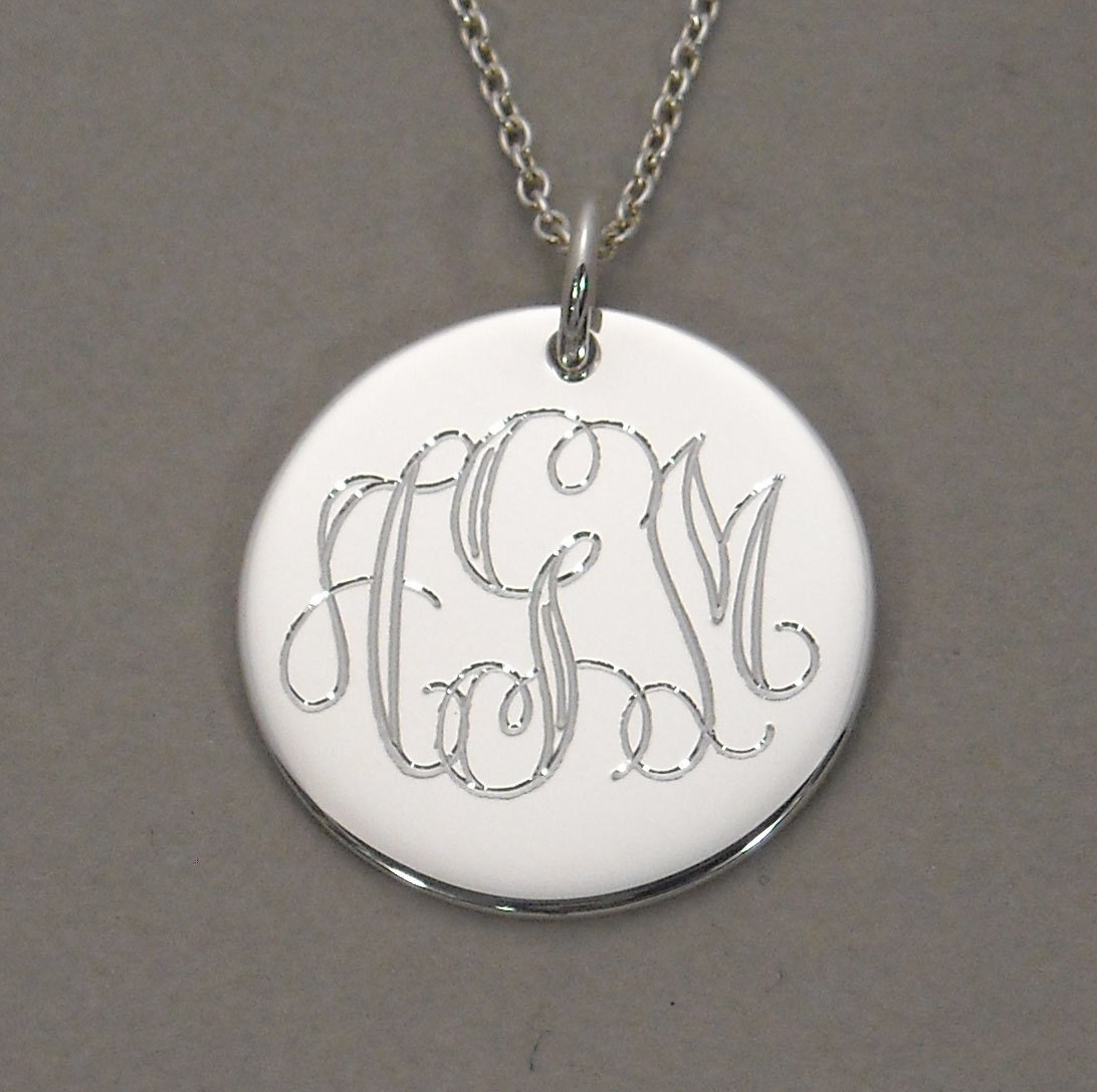 Sterling silver personalized monogram pendant necklace triple initial 3/4 inch round circle disc charm UTLVS