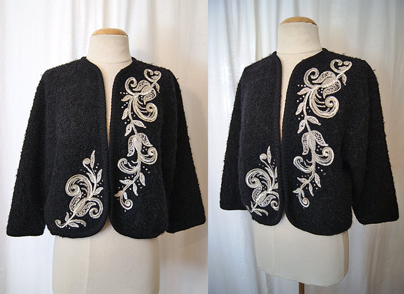Gorgeous 1950's XL Bolero style boucle wool cardigan sweater with rhinestones silver sequins and embroidery vlv chic - size Large to XL