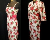 Sweet 1950's white silk with pink floral print wiggle cocktail party dress w/ pink chiffon tie sash matching jacket vlv chic - size Medium
