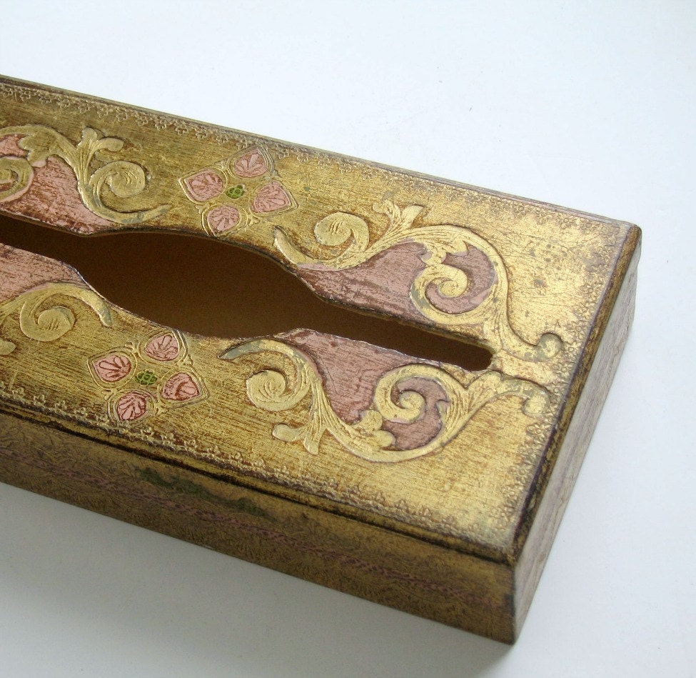 Florentine Tissue Box, Vintage Italian Tissue Box, Pink Gold Tissue Box, Gold Gild Tissue Box