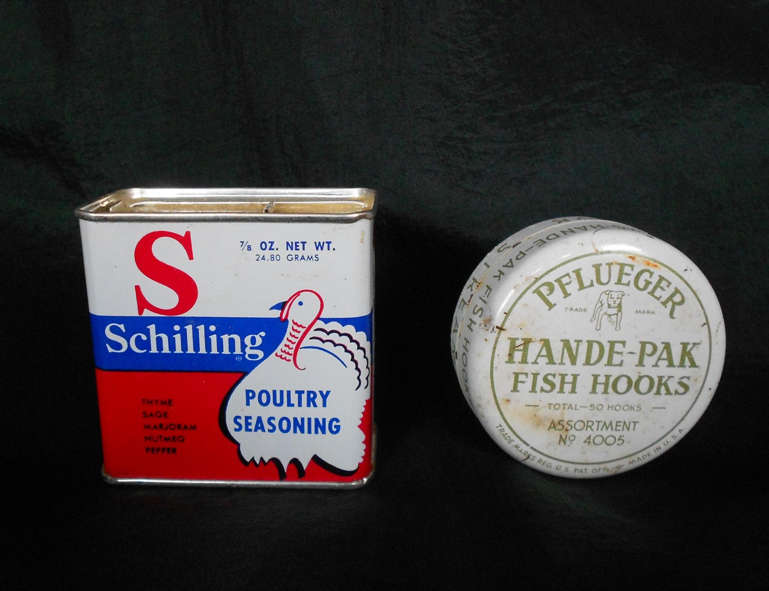 Vintage McCormicks Schilling Poultry Seasoning Tin Decor Turkey Graphics Pflueger Fish Hook Tin Lake Stream Fisherman