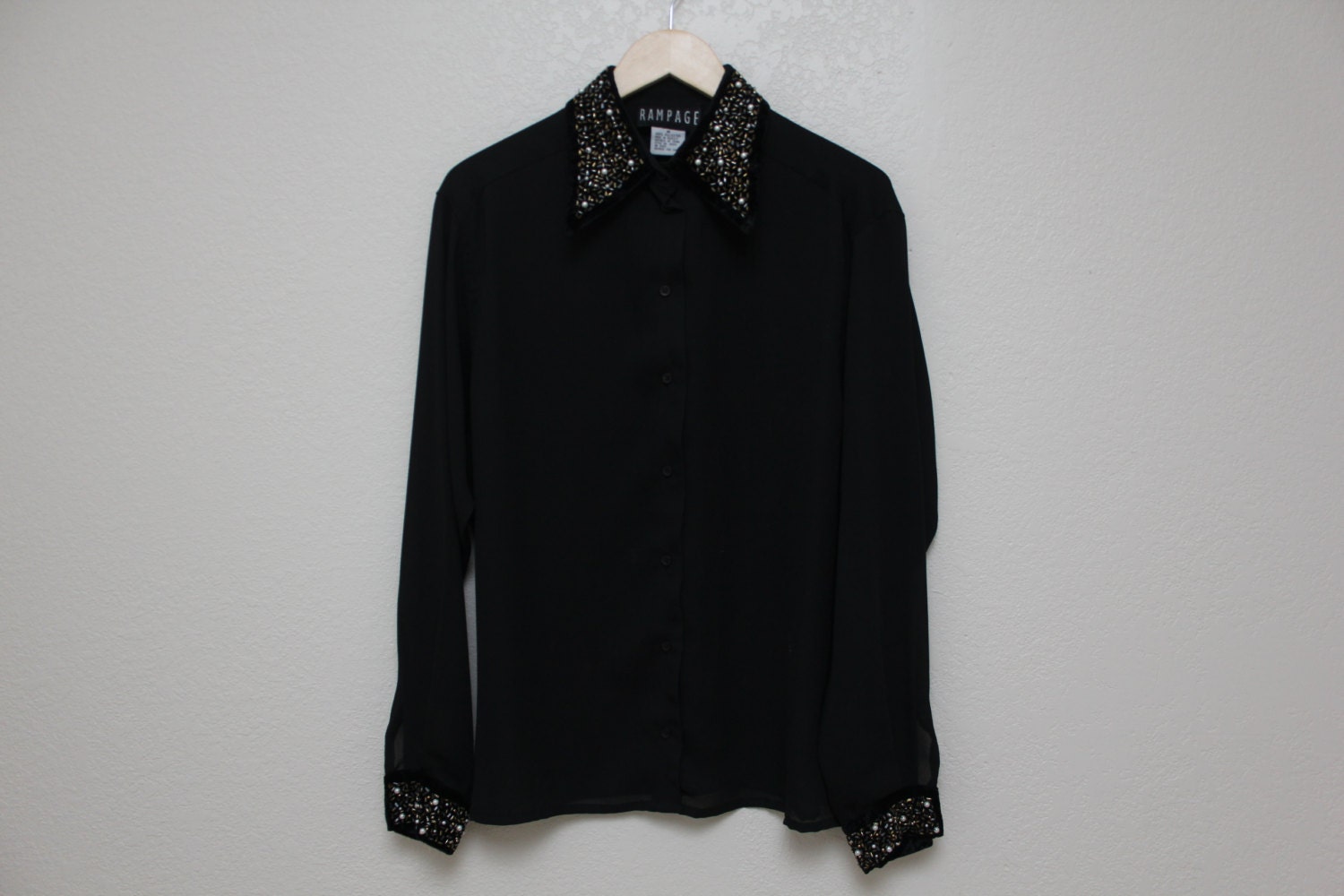 Vintage Black Sheer Beaded Collar Blouse