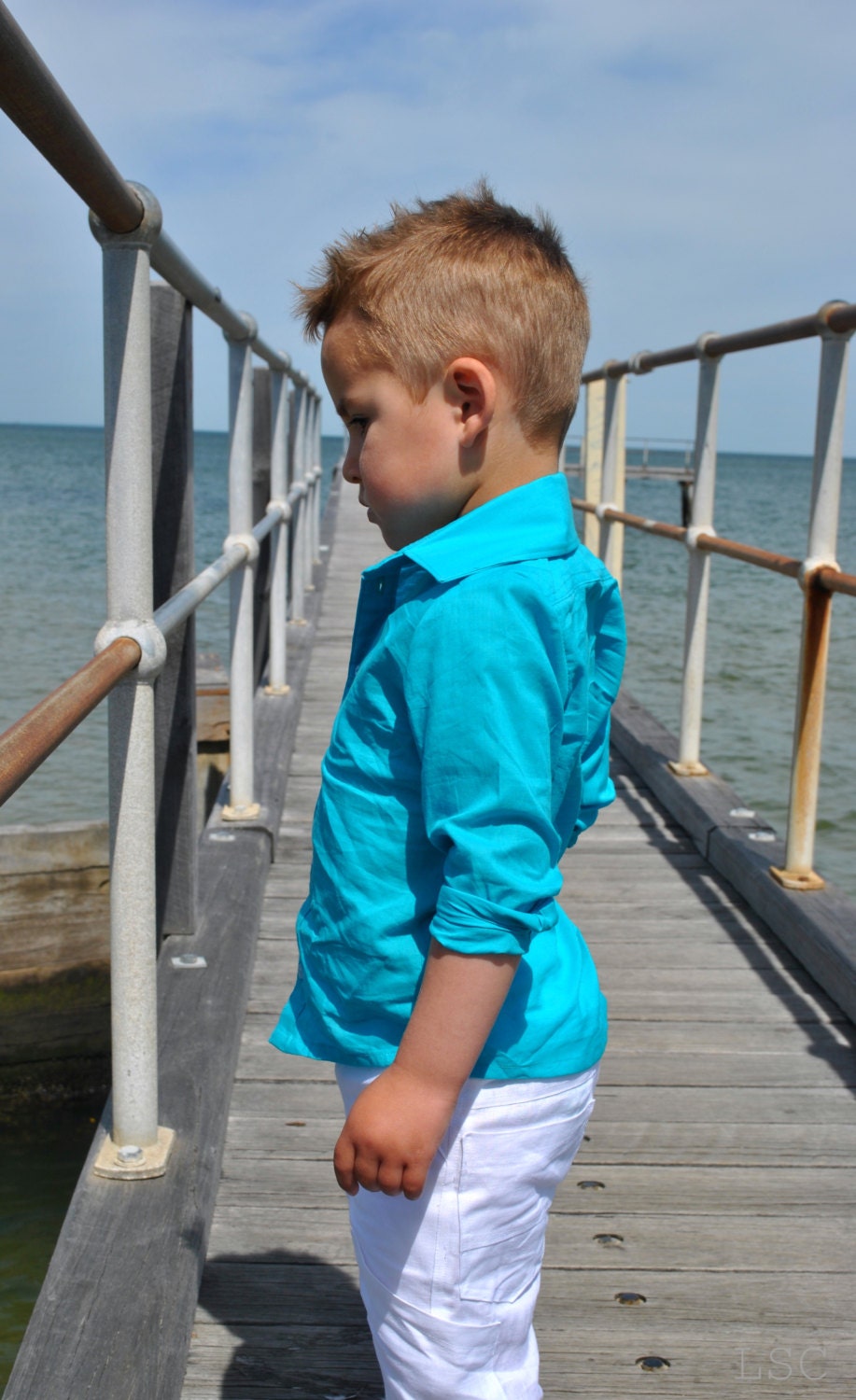 boys dress shirt l size 4 l summer long sleeve shirt in seafoam aqua l handmade l Ready to Ship
