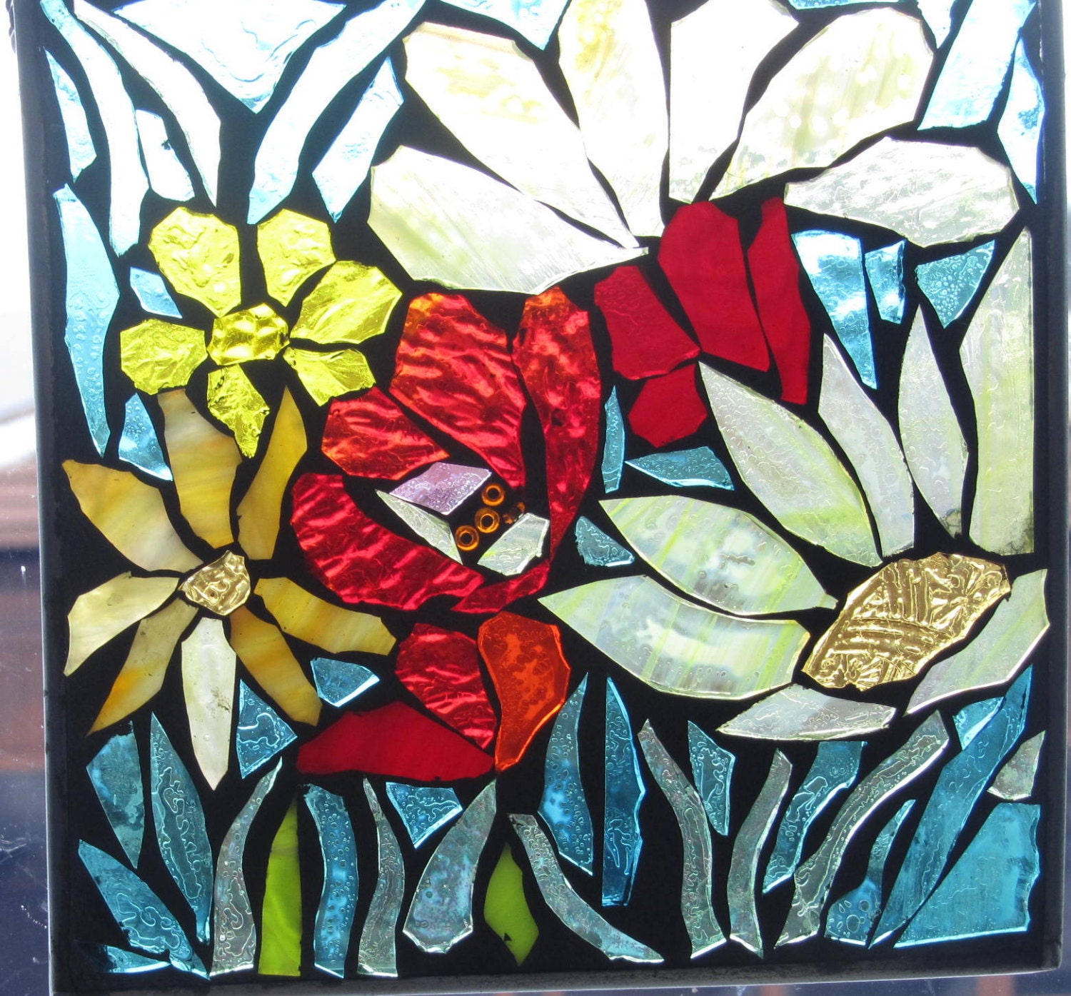 Spring flowers  . Stained Glass Mosaic  Wall Art Panel, WINDOW Panel, SUNCATCHER