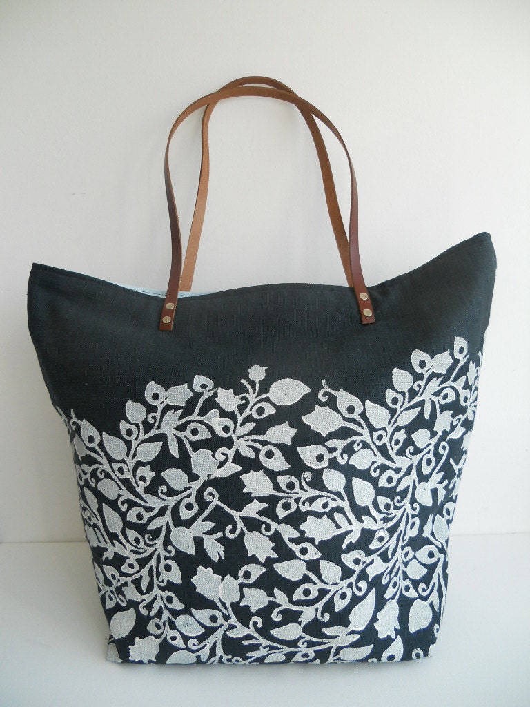 Large indigo linen Tote in Pods and Pickles.
