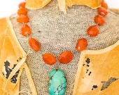 Artist Signed Natural Turquoise and Carnelian Faceted Stone Drop Necklace