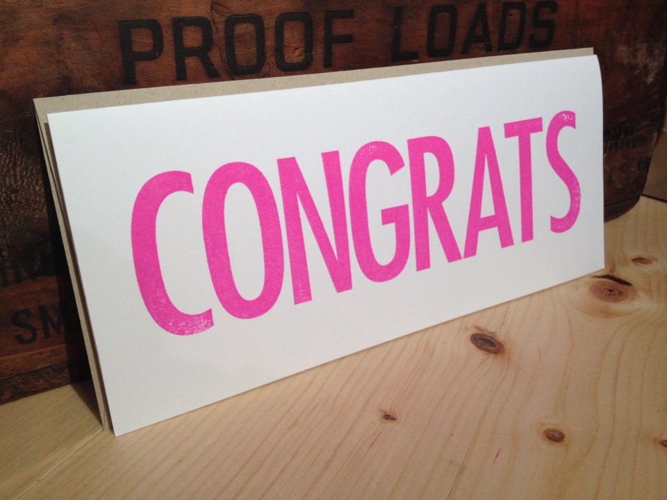 Congrats - HOT PINK hand stamped rectangular greeting card by kbatty