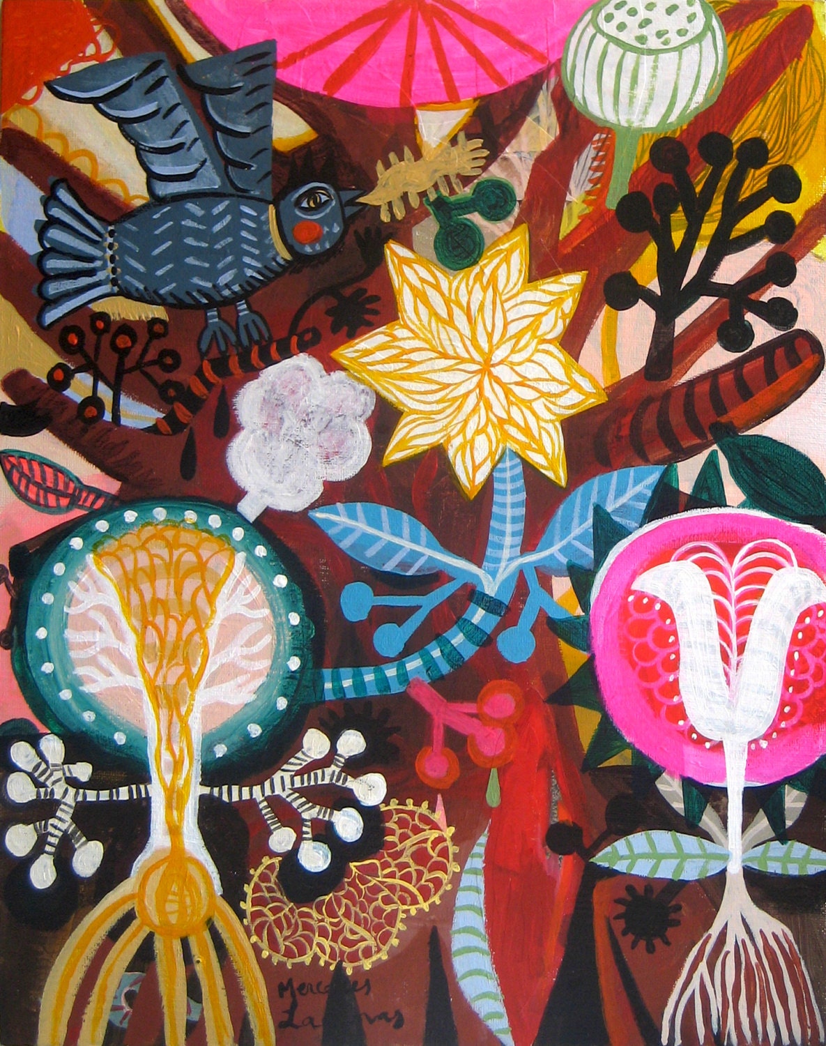 Tree of Life 2. Original Art painting Acrylic on canvas board signed. Folk flowers.