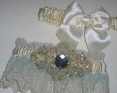Wedding Garter Set, Ivory Satin Garters, Ivory Lace Garters, Jeweled Champagne Garter, Heirloom Garter, Something Blue Garter