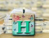 SALE Glass Pendant - Blue & Brown Butterfly Personalized Initial necklace