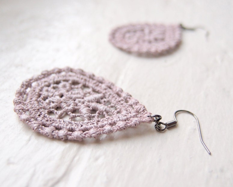 Lilac Lace Earrings - Amaya - Metallic Purple Lace Jewelry - Taupe Greige Dangle Earrings For Her