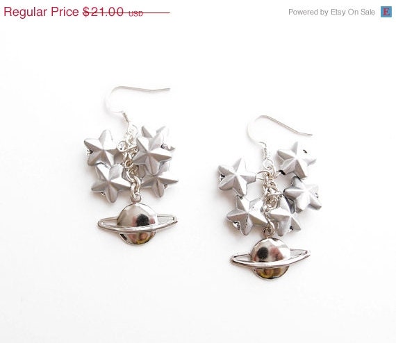 Memorial Day Weekend Sale Stars and Saturn Silver Outer Space Astronomy Cluster Bead Dangle Earrings