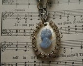 Mother of Pearl Cameo Necklace with Vintage Rhinestones and French Rosary Connector