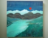 Red Moon, original landscape painting 18 x 18