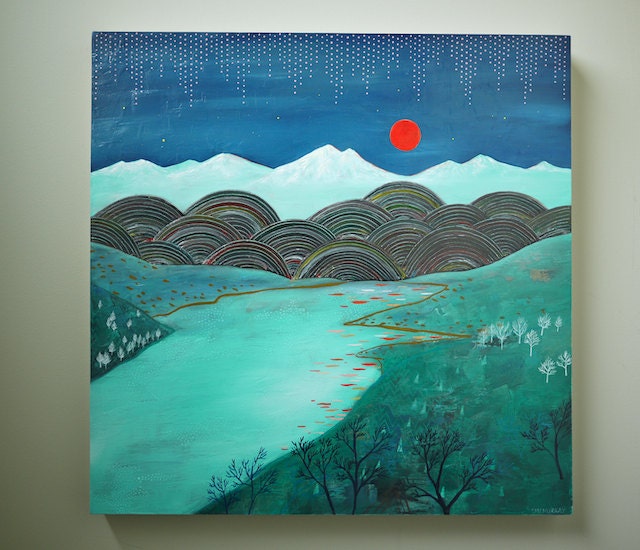 Red Moon, original landscape painting 18 x 18