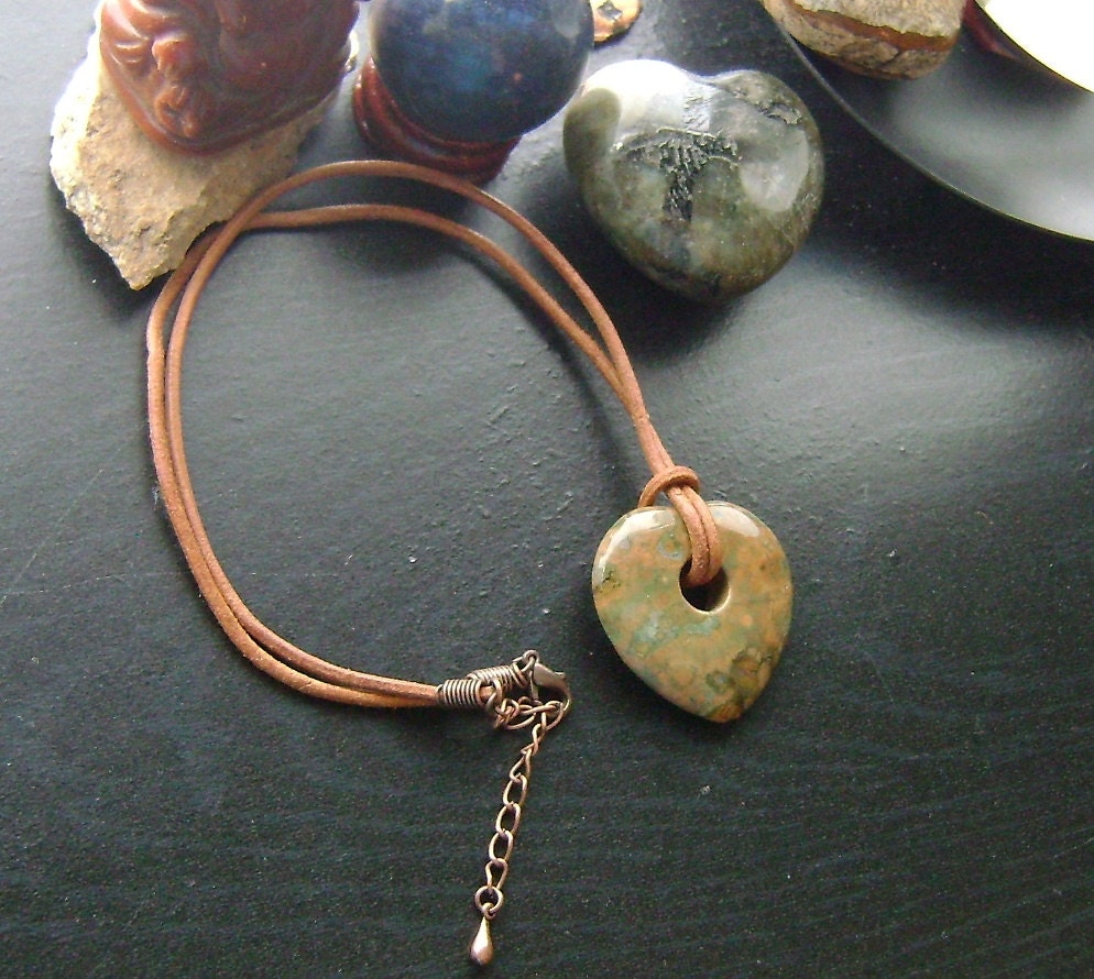 Rhyolite Gemstone Heart Go-Go Necklace -Green, Brown, Tan, Orange on Brown Leather