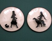 Vintage Pair Silhouettes 1940s Women Walking Dogs Convex Glass 3-inch Round