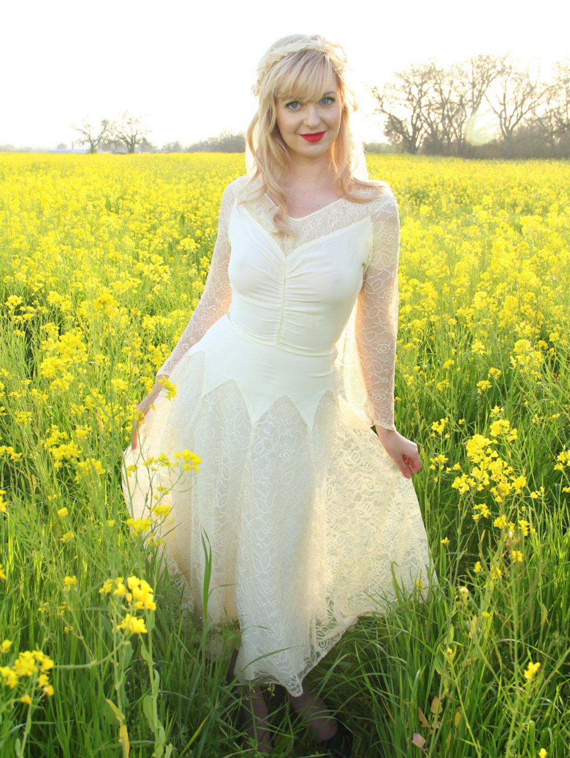 Vintage 1940s Wedding Dress Silk Crepe and Chantilly Lace Tea Length Bridal Gown and Hand Embroidered Bonnet Veil