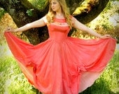 Vintage 1950s Prom Party Dress in Salmon and Soft Pink Silk with Bow Accents for a Princess S
