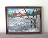 Vintage Paint By Number Farm in Snow Picture Framed