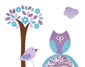 Baby Girl Nursery, Nursery Art, Kids Wall Art, Children's Room Decor, Owls, Bird, The Flowering Tree  8x10 Print