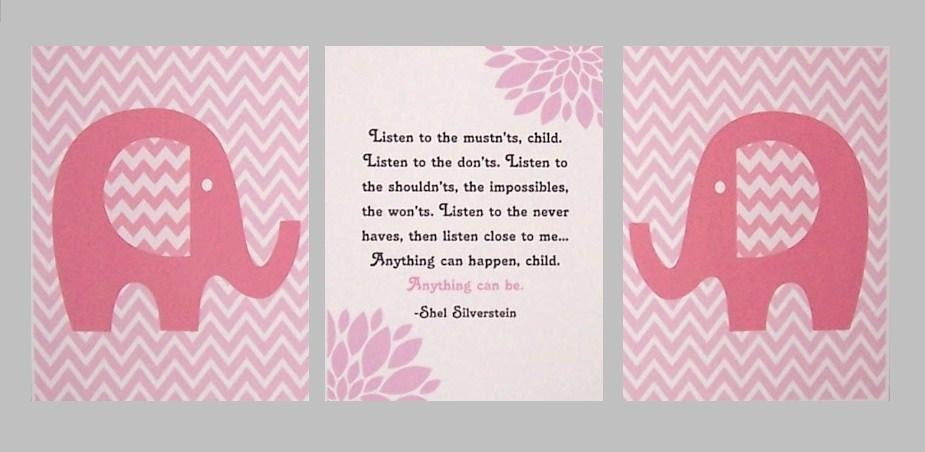 Kids Wall Art, Baby Girl Nursery, Quotes for Kids,Elephants, Anything Can Happen Child, Anything Can Be, Set of 3, Any Color, 8x10 Print