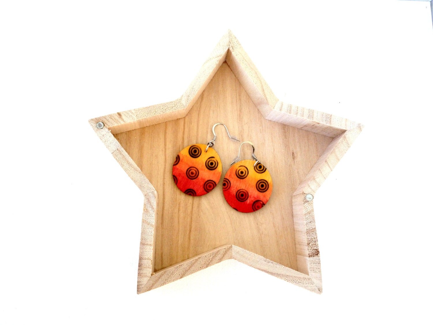 Mustard Yellow Rust Orange Red Sunset Ombre Geometric Wood Island Earrings with Round Radial Pyrography Woodburned Designs