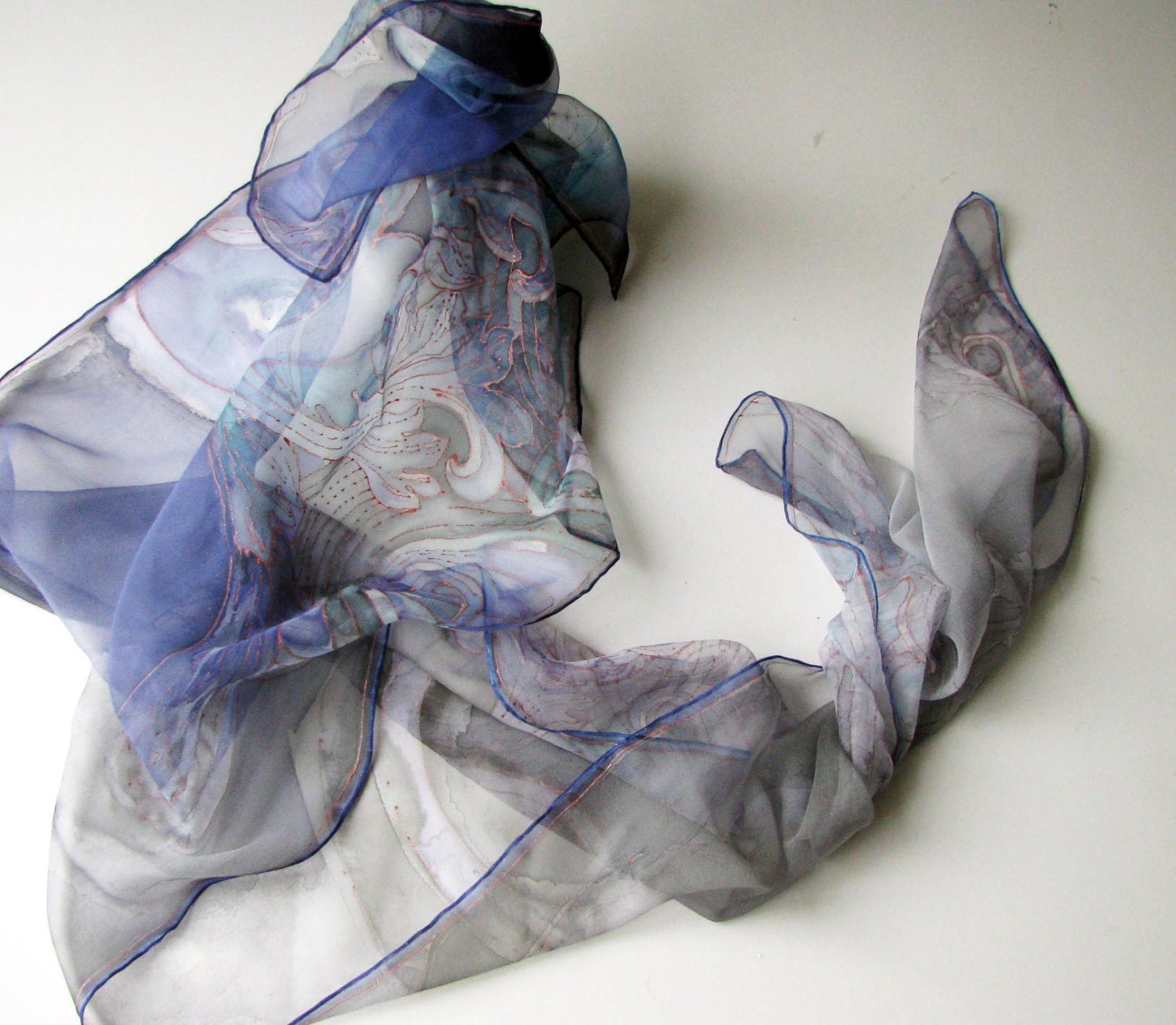 Silk scarf hand dyed on natural chiffon silks - Black shadow dance - 18x72
