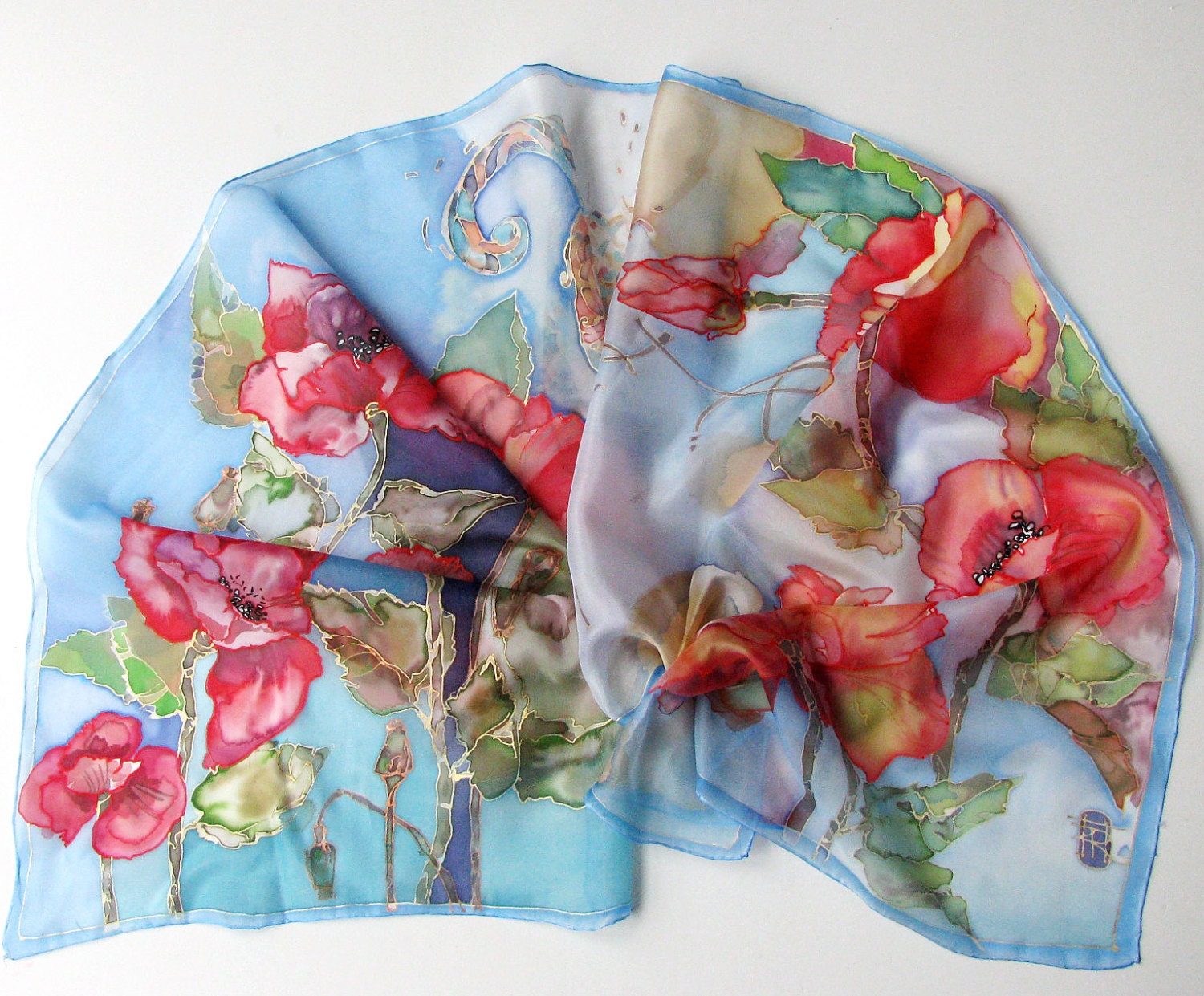 Silk scarf hand painted on ponge silk - hand dyed scarves - silks accessories - Red poppies and bird - 45x180 cm size
