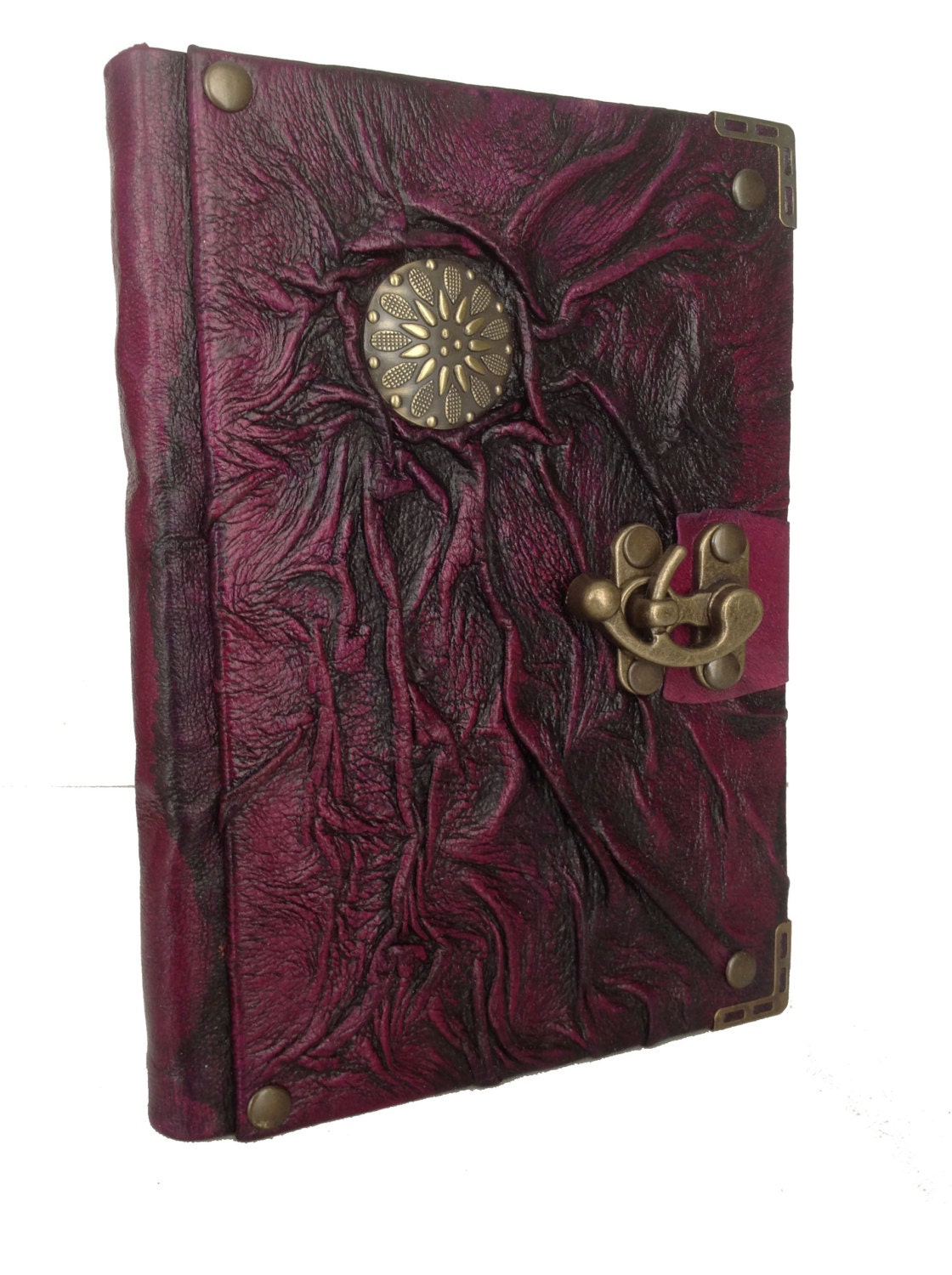 Handmade creased antique bronze sun pendant purple leather journal notebook sketchbook