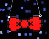 8 Bit Bow Necklace, Silver Plated Chain,
