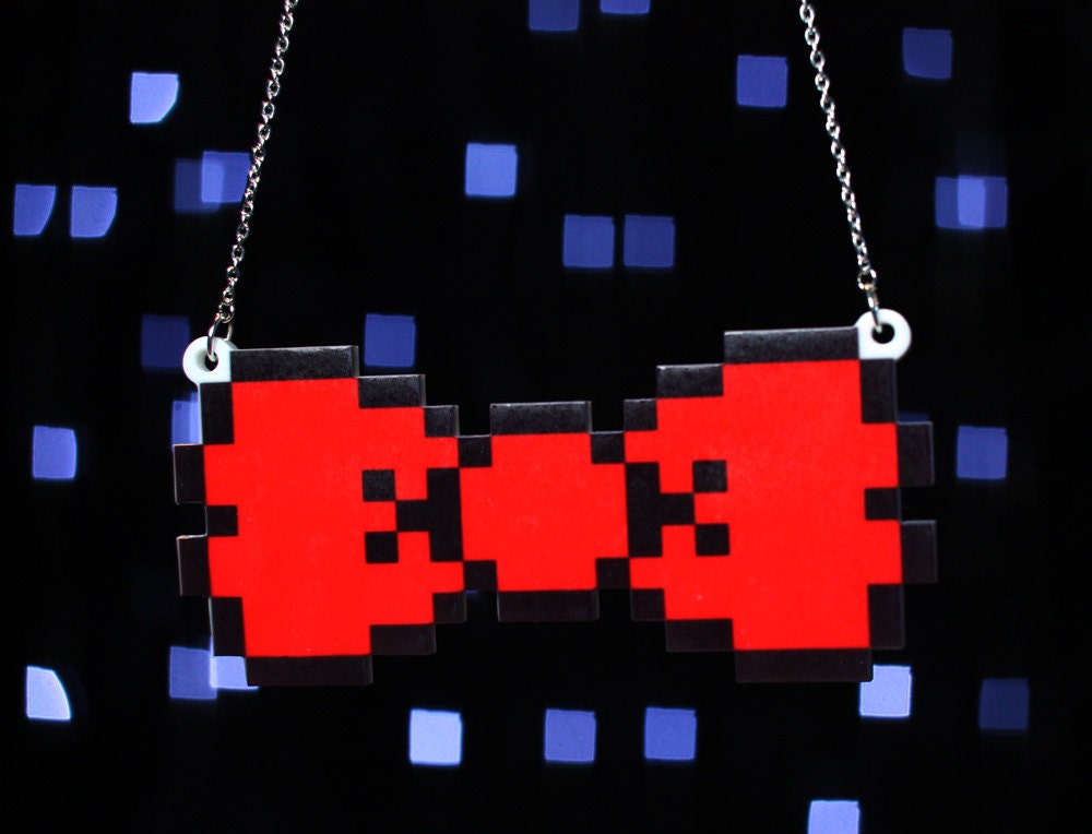 8 Bit Bow Necklace, Silver Plated Chain,