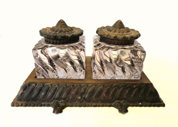 Rare Antique Fostoria Inkwell Set/Lavender Swirl Glass with Decorative Bronze Base and Lids