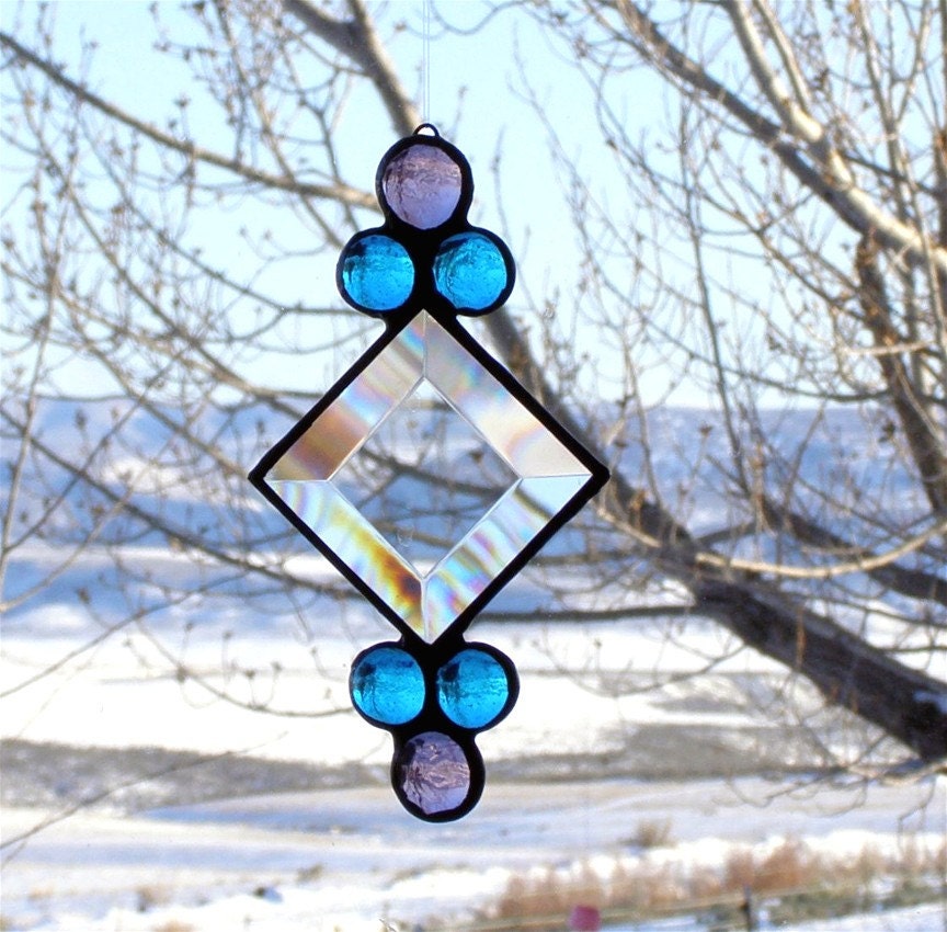 Beveled Glass and Gem Stained Glass Suncatcher - Clear Bevel, Blue and Purple Glass Gems