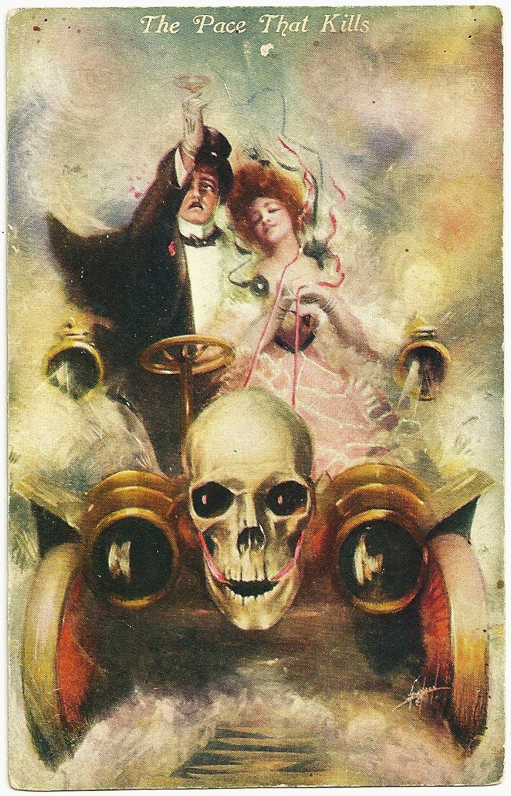 Vintage Postcard Man In Top Hat And Lady In Antique Car With Skull Grill The Pace That Kills