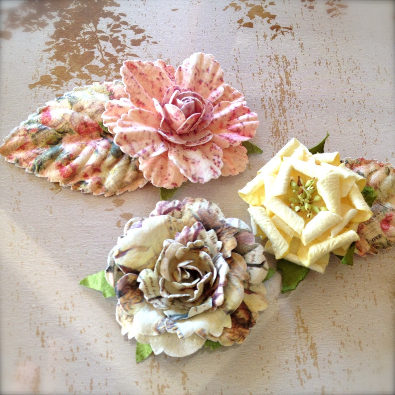 Pink, yellow, natural pastel hair clips in prints.  Ready to ship. Shabby chic style for girls, women and baby girl.