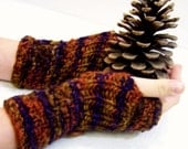 Merino Wool Fingerless Mittens, Button Cuff Fingerless Mittens, Chunky Knit Fingerless Gloves, Aubergine, Brown, Gold, Orange