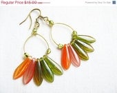 SUMMER SALE Glass Fringe Earrings - Olives and Tangerines  - glass spikes, Czech crystals, gold plated hoops, bronze earwies
