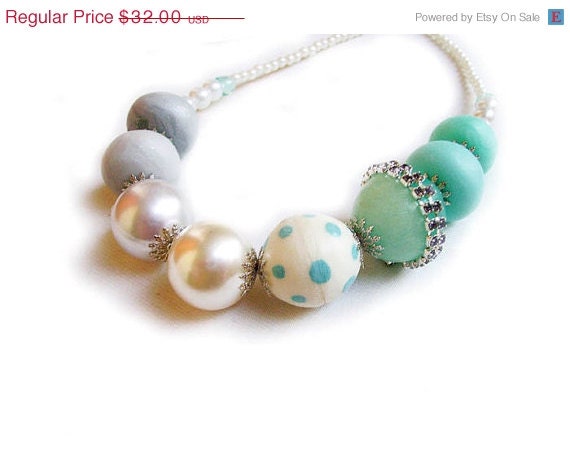 SUMMER SALE Mint Grey Bubble Statement Necklace - Pearls, Polymer Clay,  Swarvoski Rhinestones - Autumn - Winter Sneak Peek Trend Preview