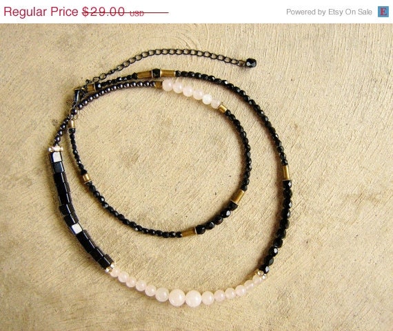 SUMMER SALE Quartz and Glass Skinny Long Necklace - Handmade Geometric Beaded Necklace - Autumn - Winter Sneak Peek Trend Preview