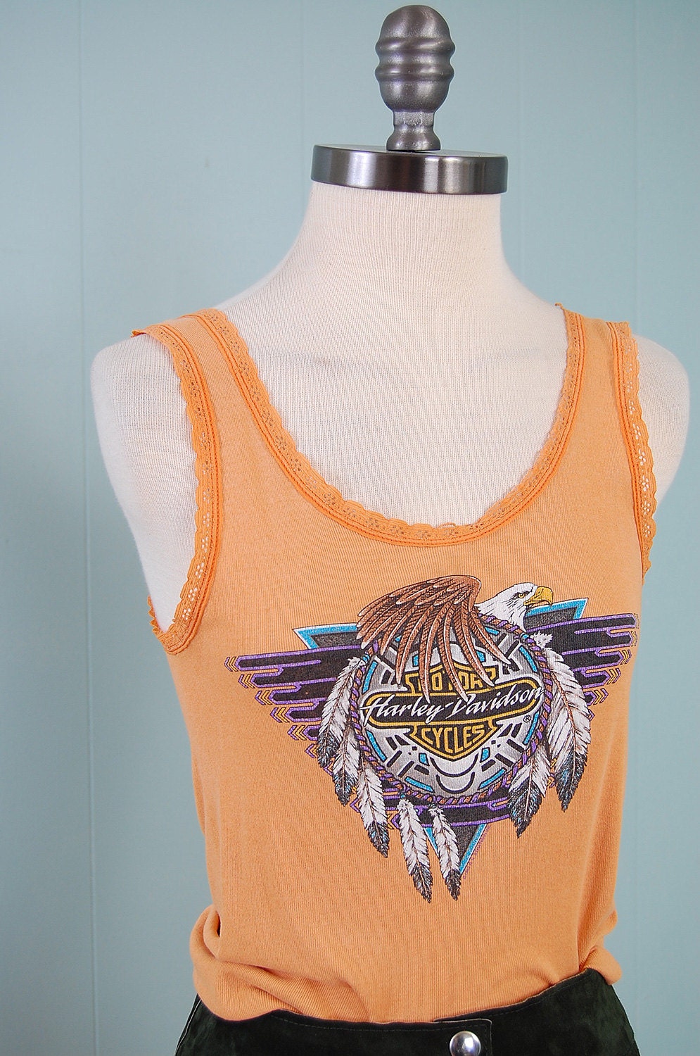 Vintage 80s 90s Harley Davidson biker tank top / Eagle dreamcatcher graphic / Lace trimmed ladies top