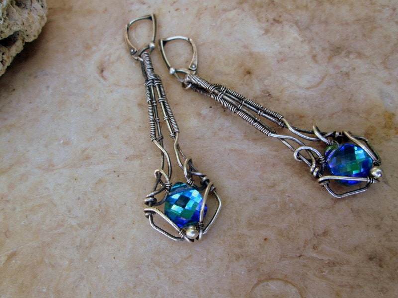 sterling silver  aqua swarovski crystal earrings