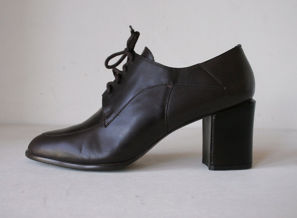Vintage 1990's Platform Heel Brown Leather Chunky Oxford Ankle Boots 8 US Womens