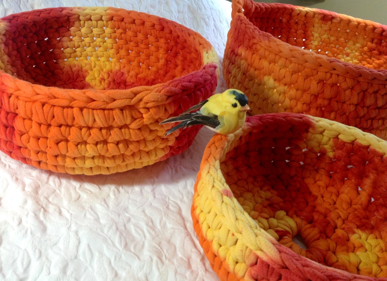 Set of three Organic cotton crocheted basket created from USA gown and spun organic cotton