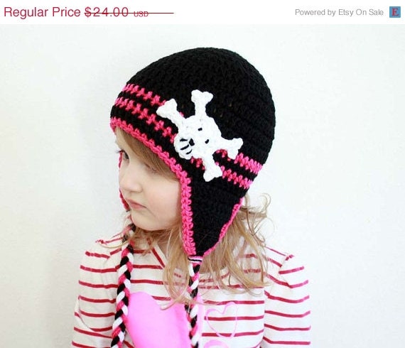 Sale skull and crossbones hat, crochet hat, pirate hat, girls priate hat, girls punk hat, crochet girls hat, toddler hat, baby hat, pu