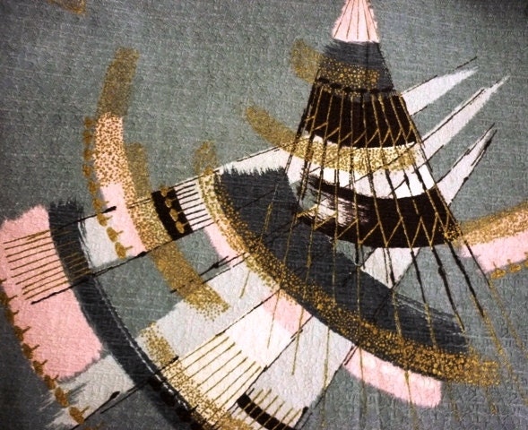 Vintage 1950s - 1960s Mid Century Atomic Gold-Specked Black, Grey , Pink Large Scale Modernist Print Barkcloth Fabric - 40" x 47"