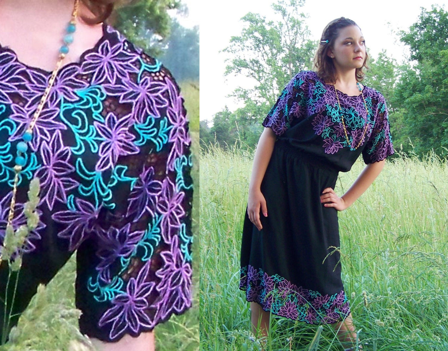 80s Dress Sundress Rayon Netting Cut Out Black Small S Medium M Black Floral Short Sleeve Vintage