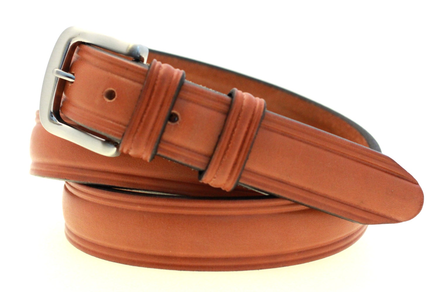 Made In USA 1 1/4" Men's Domed London Tan Bridle Leather Belt With Brushed Nickel Buckle